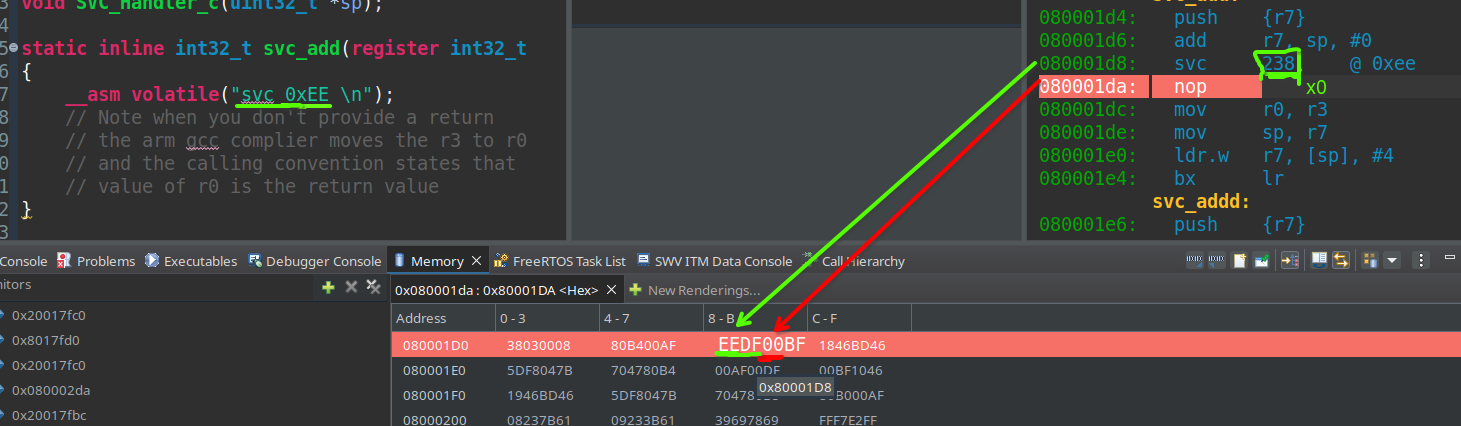 I changed the SVC code to 0xEE (238 decimal) to differentiate it from the NOP instruction.